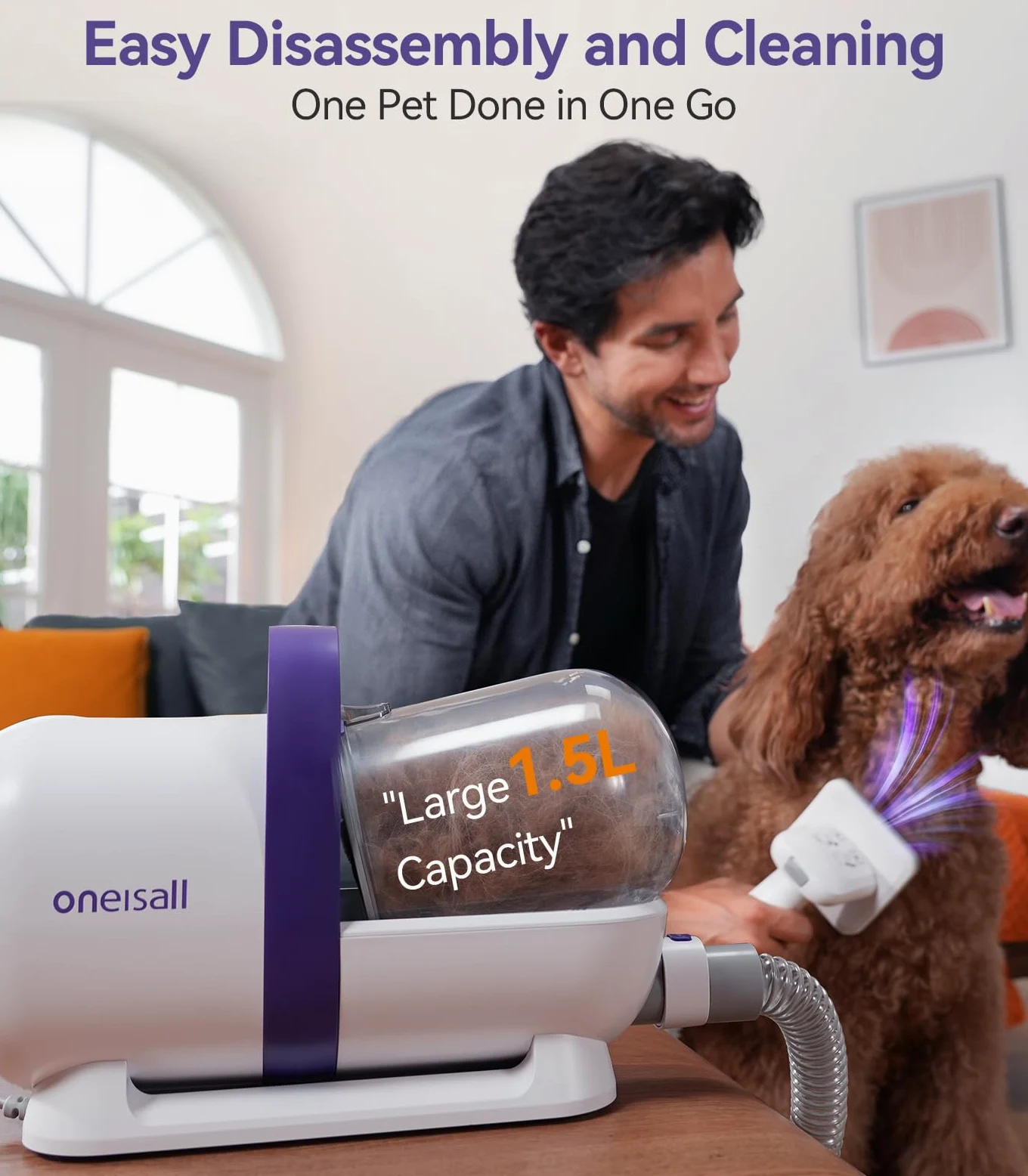 Oneisall Aspirador de pelos animal doméstico con cepillo, Súper poder de succión 12000pa, Aspiradora para perros con botón, 4 cepillos, 1.5L