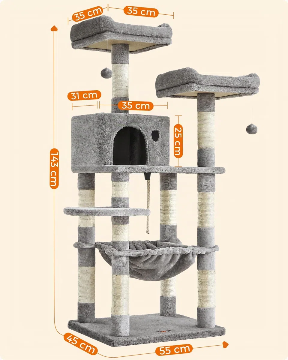 Feandrea Árbol para Gatos de Altura 143 cm, Torre para Gatos, con 11 Postes Rascadores, 2 Plataformas, 1 Cueva, 1 Hamaca, 2 Pompones, Tela de Felpa, Multinivel, Gris Claro PCT15W