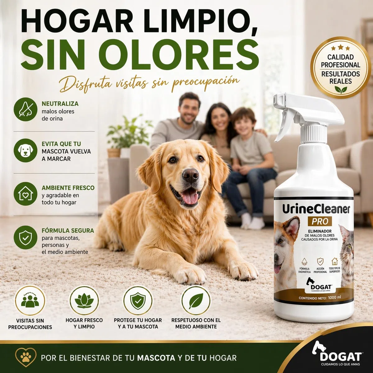 Eliminador Olor Orina Perro y Gato 1000 ml | Neutralizador Profesional de Malos Olores de Mascotas | Spray Limpiador Enzimático para Sofá, Suelo, Alfombra, Terraza y Césped Artificial
