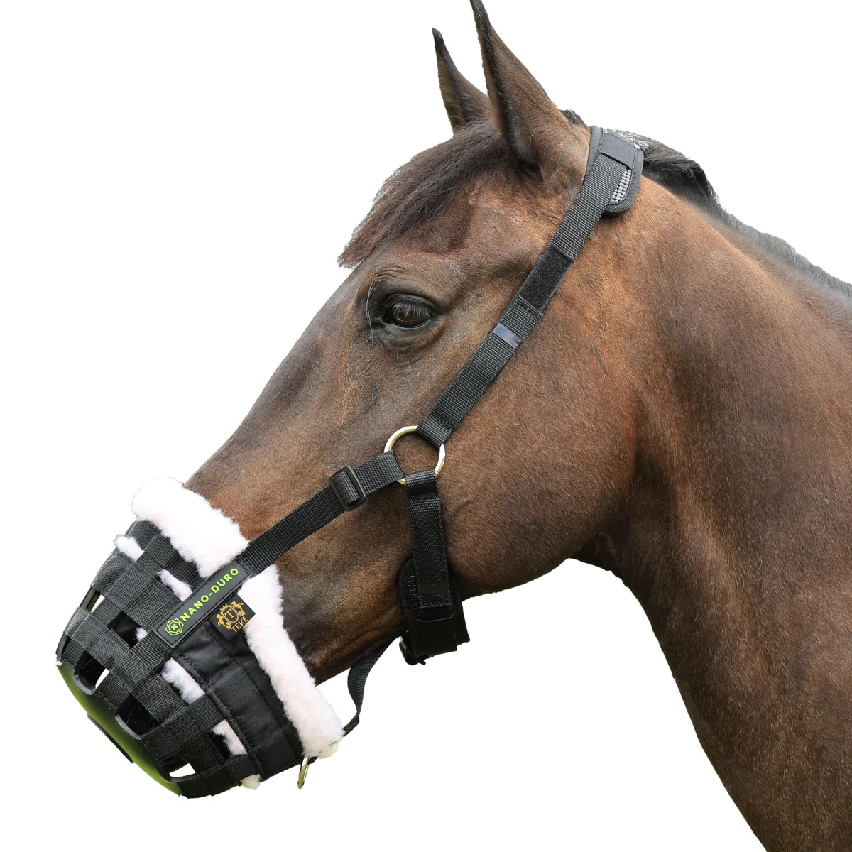 T TEKE Nano-Duro II Deluxe - Bozal de pastoreo de caballos con forro polar, cojín de neopreno ajustable completo