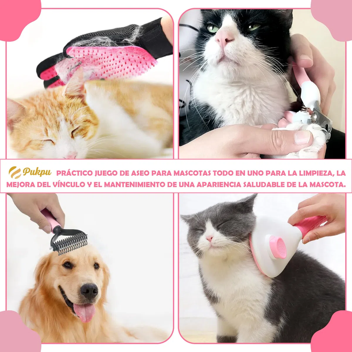 Kit de Aseo para Mascotas 9 Piezas Rosa – Cepillo Gato Pelo Corto, Deslanador Perros, Guante Quitapelos, Limpia Patas, Cortaúñas Gato, Peine y Cepillo Dental