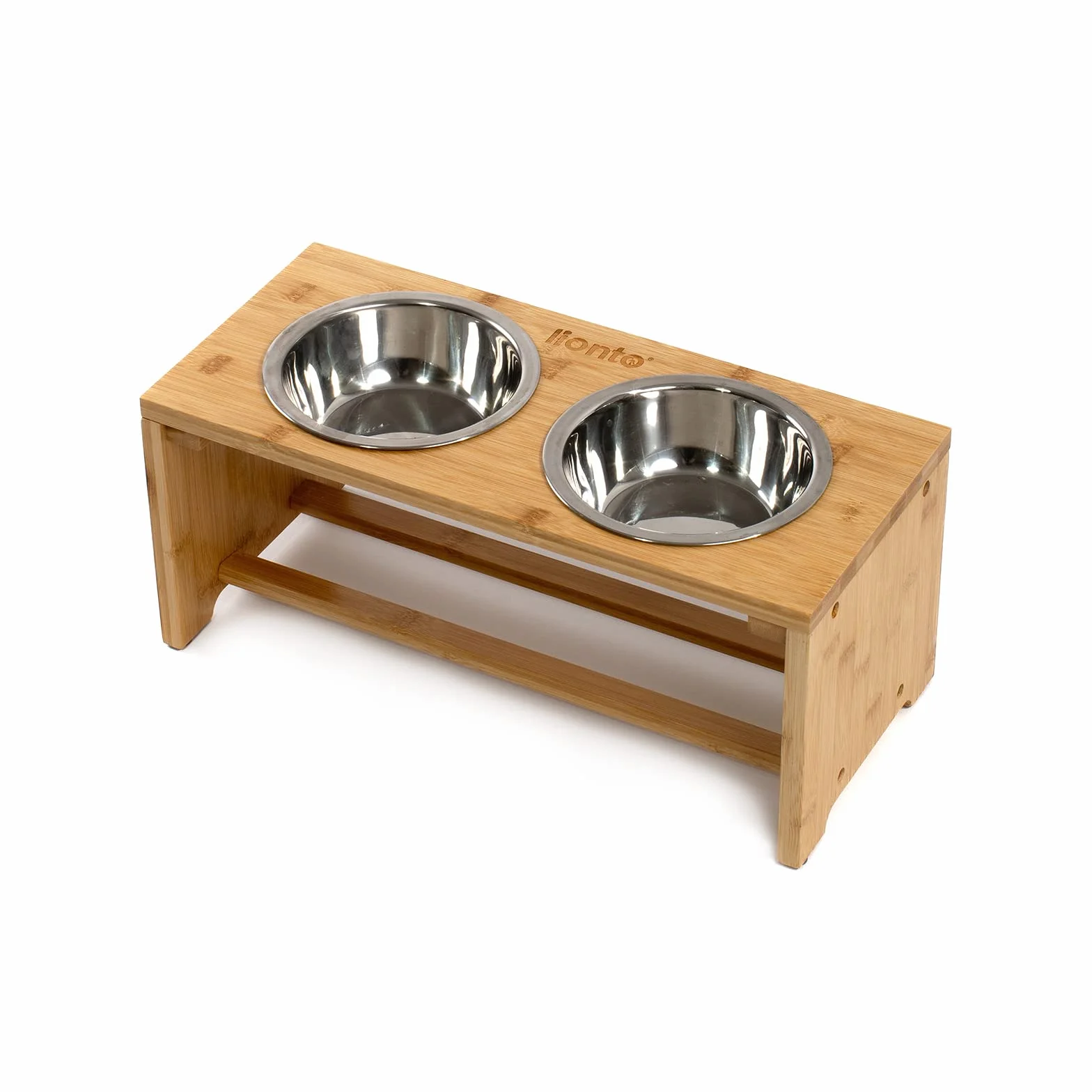 lionto Comedero para Perros Elevado comedero para Perros Barra de Comida de bambú para Mascotas 2 Cuencos de Acero Inoxidable Antideslizante, (M) 44x20x19 cm