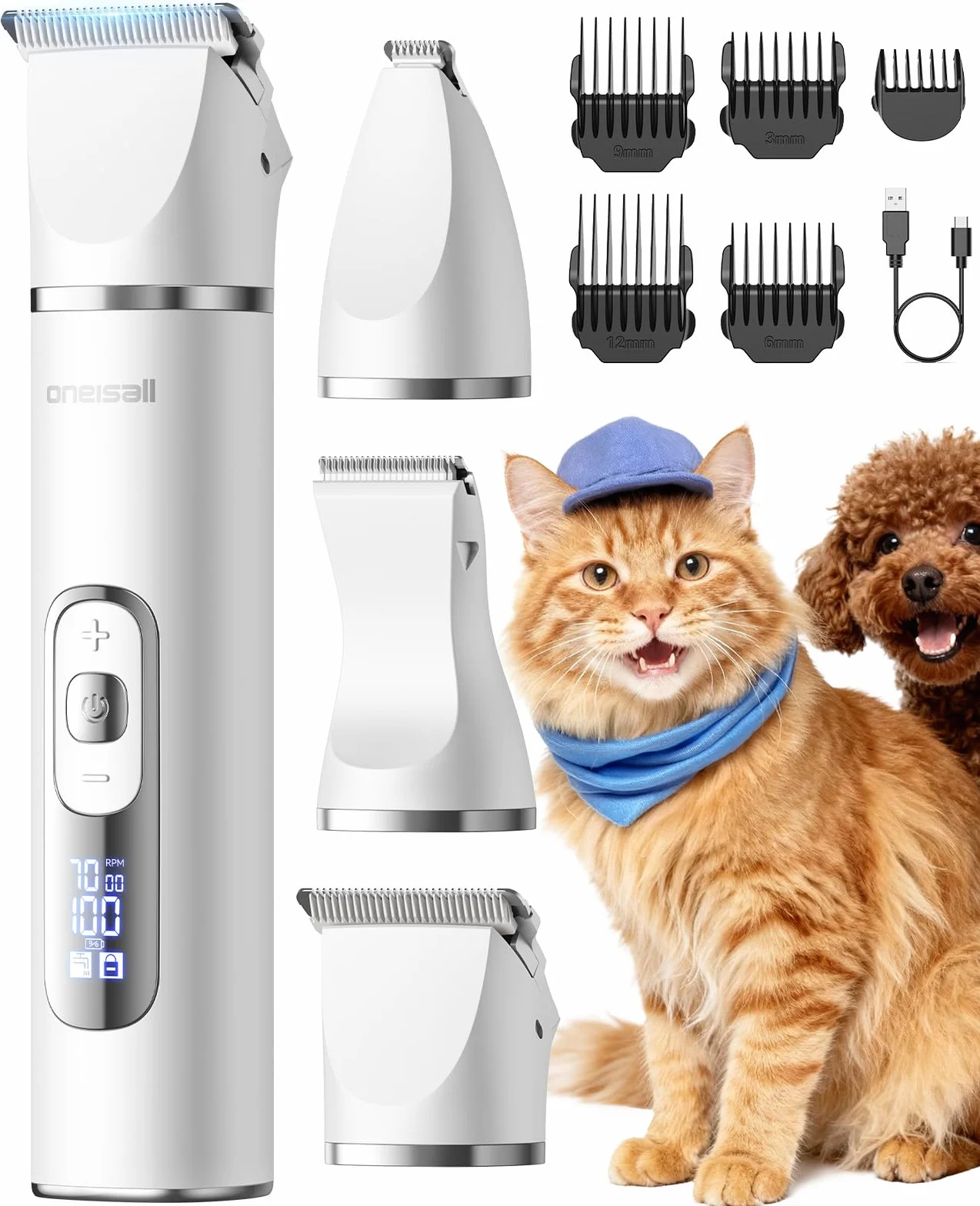 Oneisall Cortapelos 3 en 1 para Mascotas, Maquina Cortar Pelo Perros, Maquinilla Silenciosa con Pantalla LCD, Ideal para Cortar Pelaje Enredado, Sarro Anal, Patas y Ruedas de Gatos y Perros