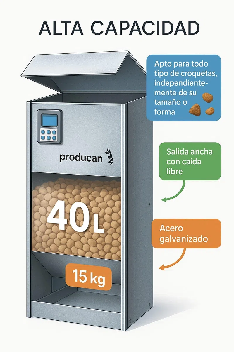 Comedero Automático Inteligente para Perros: Programable, 40 litros, Exterior Dispensador de Comida Profesional para Perros: Programable, Modelo P1
