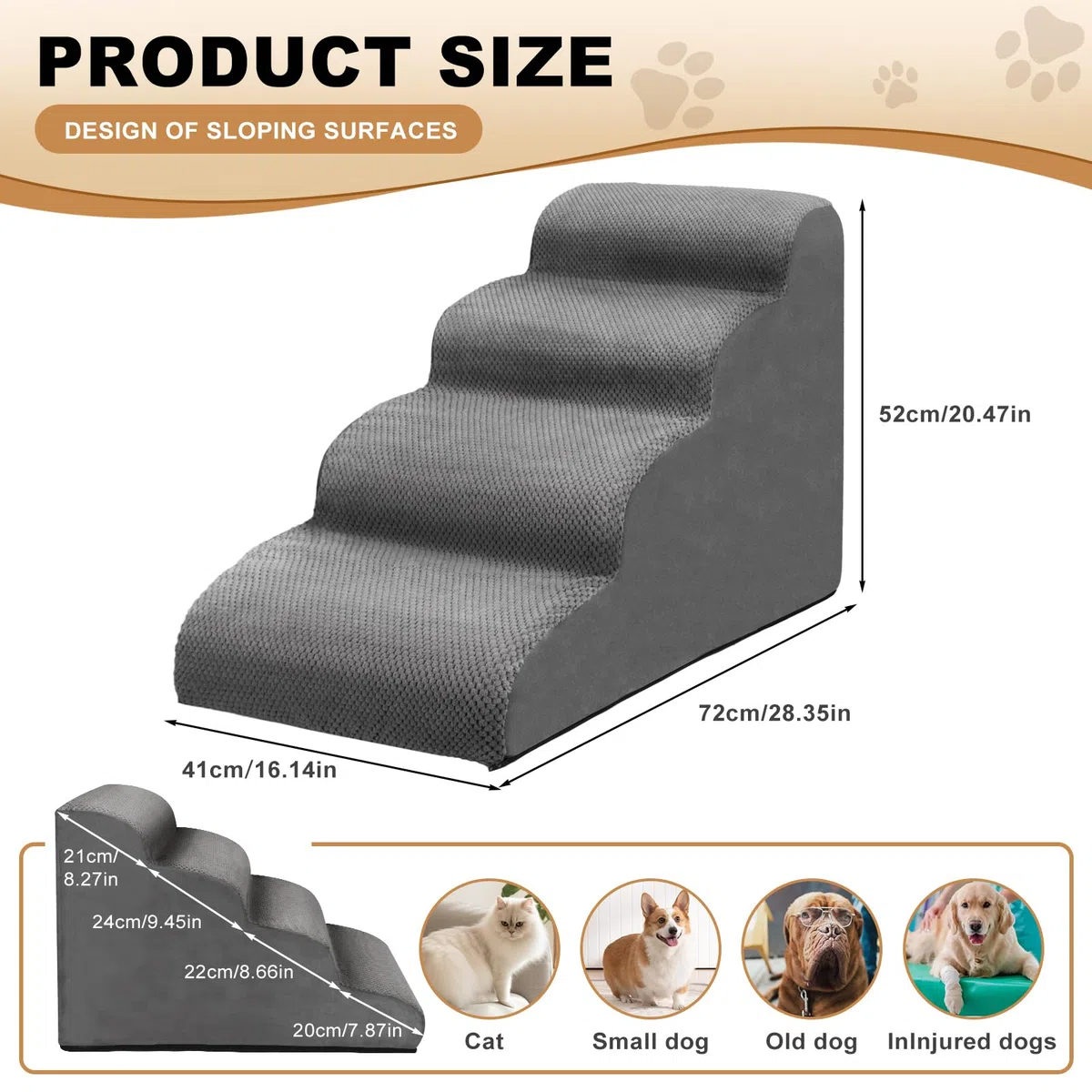 Escalera para Perros, Escaleras para Mascotas de Espuma de 4 peldaños para Cama/sofá, Rampa para Perros Pequeños y Gatos con Funda Lavable y Fondo Antideslizante, Enviar Rodillo de Pelusa