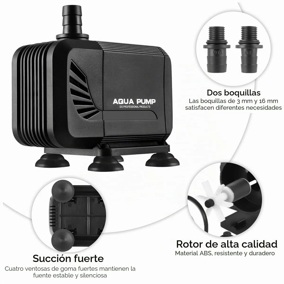 Bomba de agua para acuario, bomba sumergible de 1500 l/h, para estanque, pozo, ultra silenciosa con filtro y 2 boquillas de 13 mm/16 mm, altura máxima de extracción de 1,6 m(15 W)