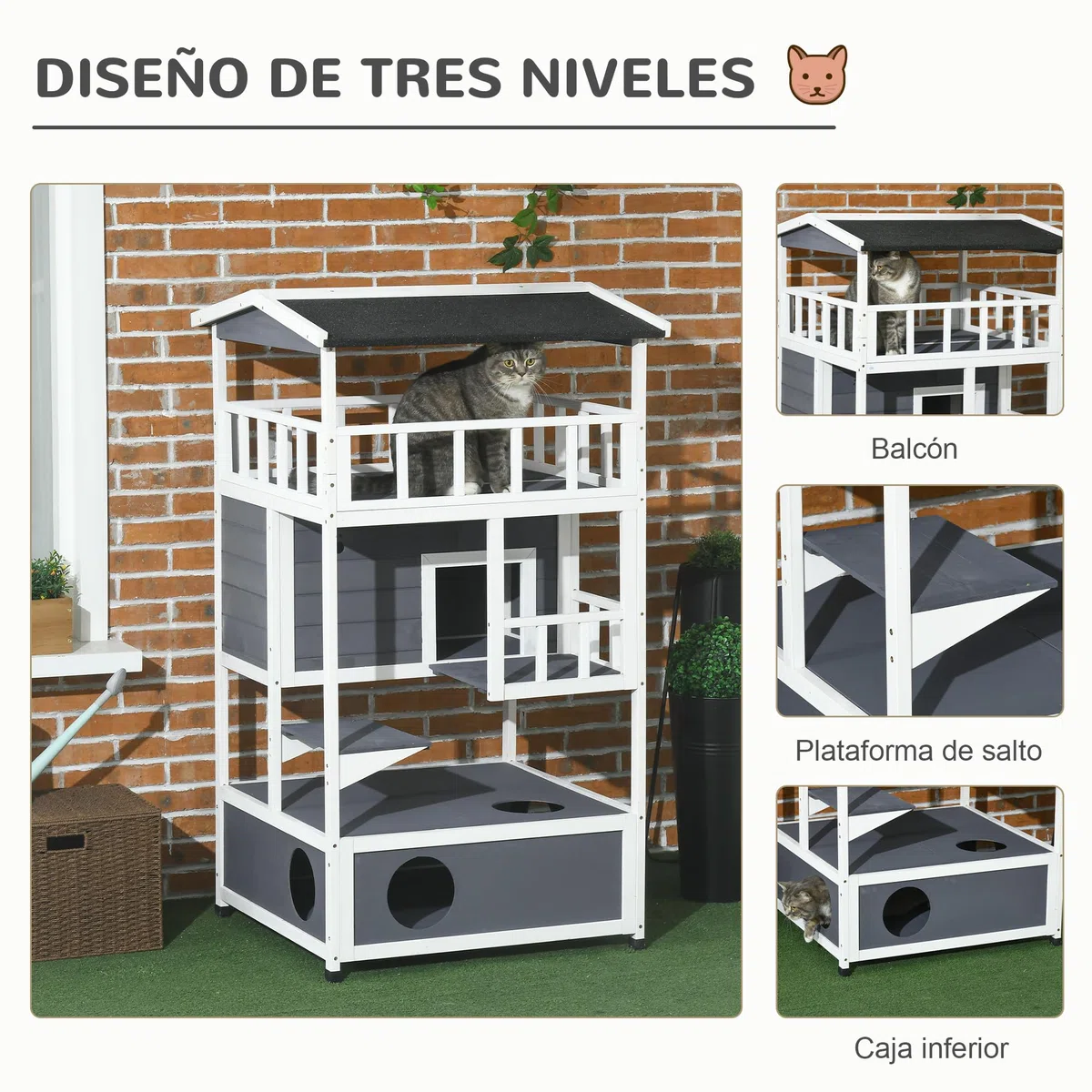 Pawhut Casa para gatos de madera de abeto con gran espacio de 4 niveles y espacio extraíble para arena, 78 x 76 x 140 cm, gris y blanco