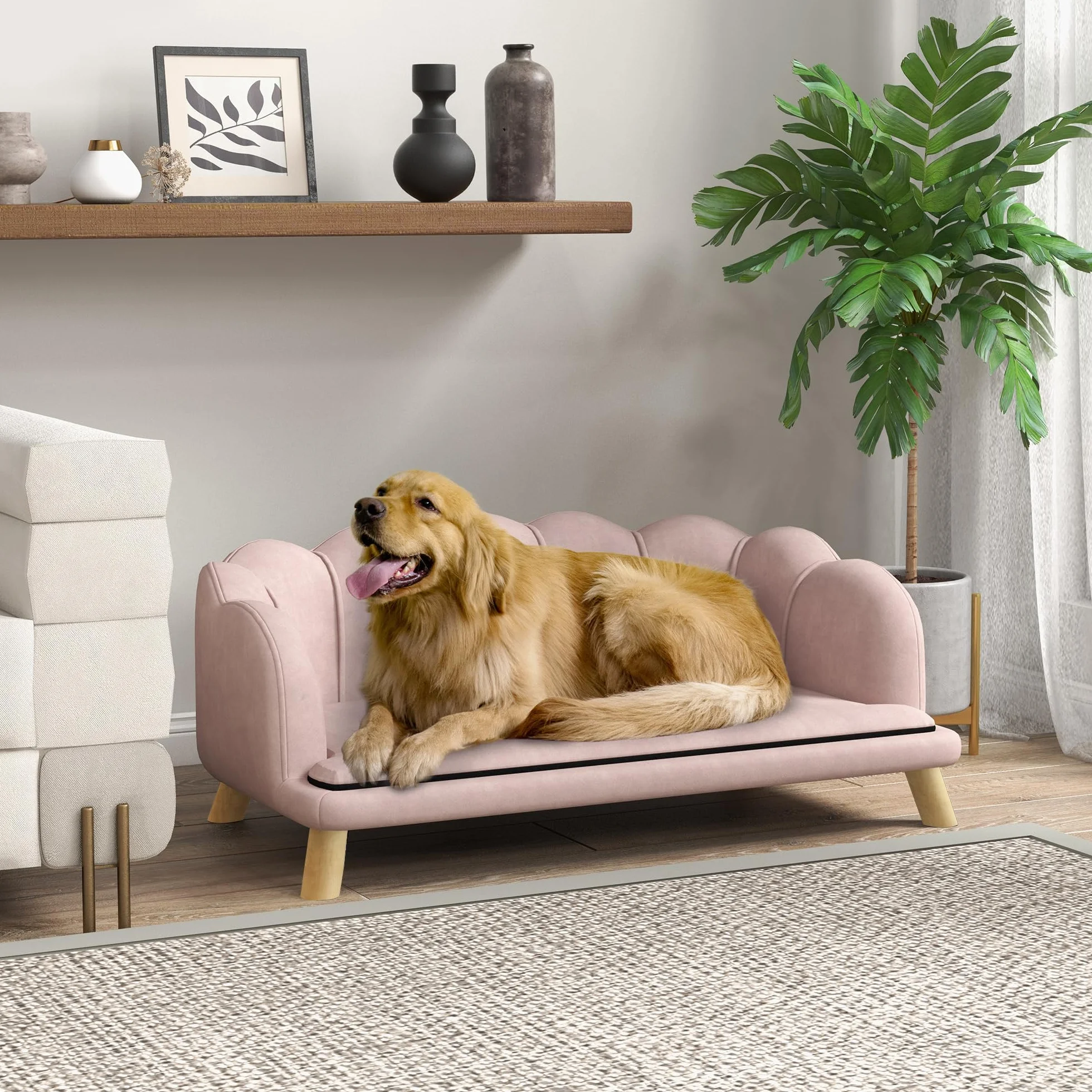 PawHut sofá para Perros, Funda Lavable, sofá para Mascotas con Respaldo y Patas de Madera, sofá para Gatos, para Perros medianos de Menos de 25 kg, Rosa