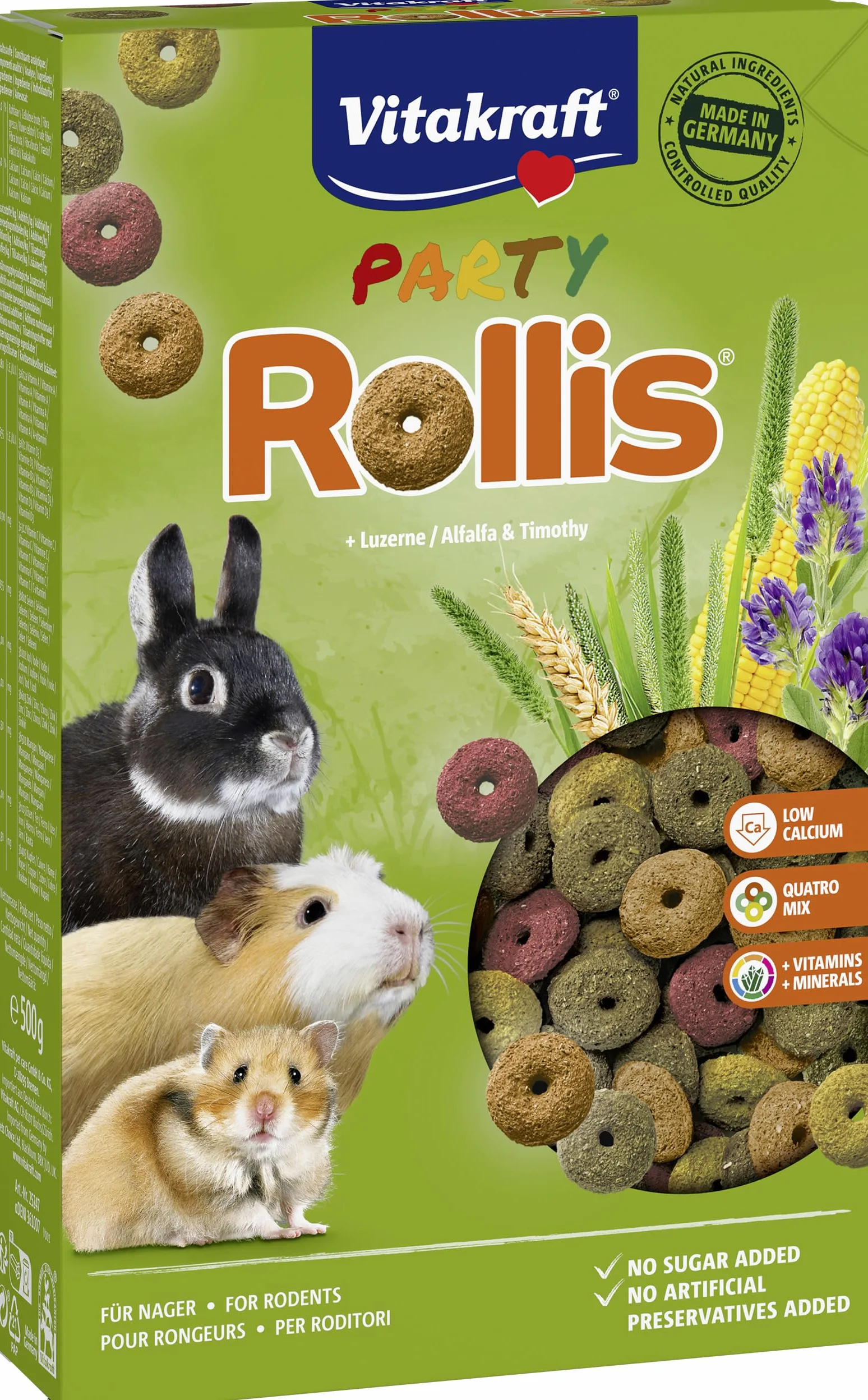 Vitakraft Rollis, anillos crujientes para roedores, bajos en calcio, con alfalfa, como complemento del alimento principal o como tentempié entre comidas, sin azúcar añadido ni cereales (7x 500g)
