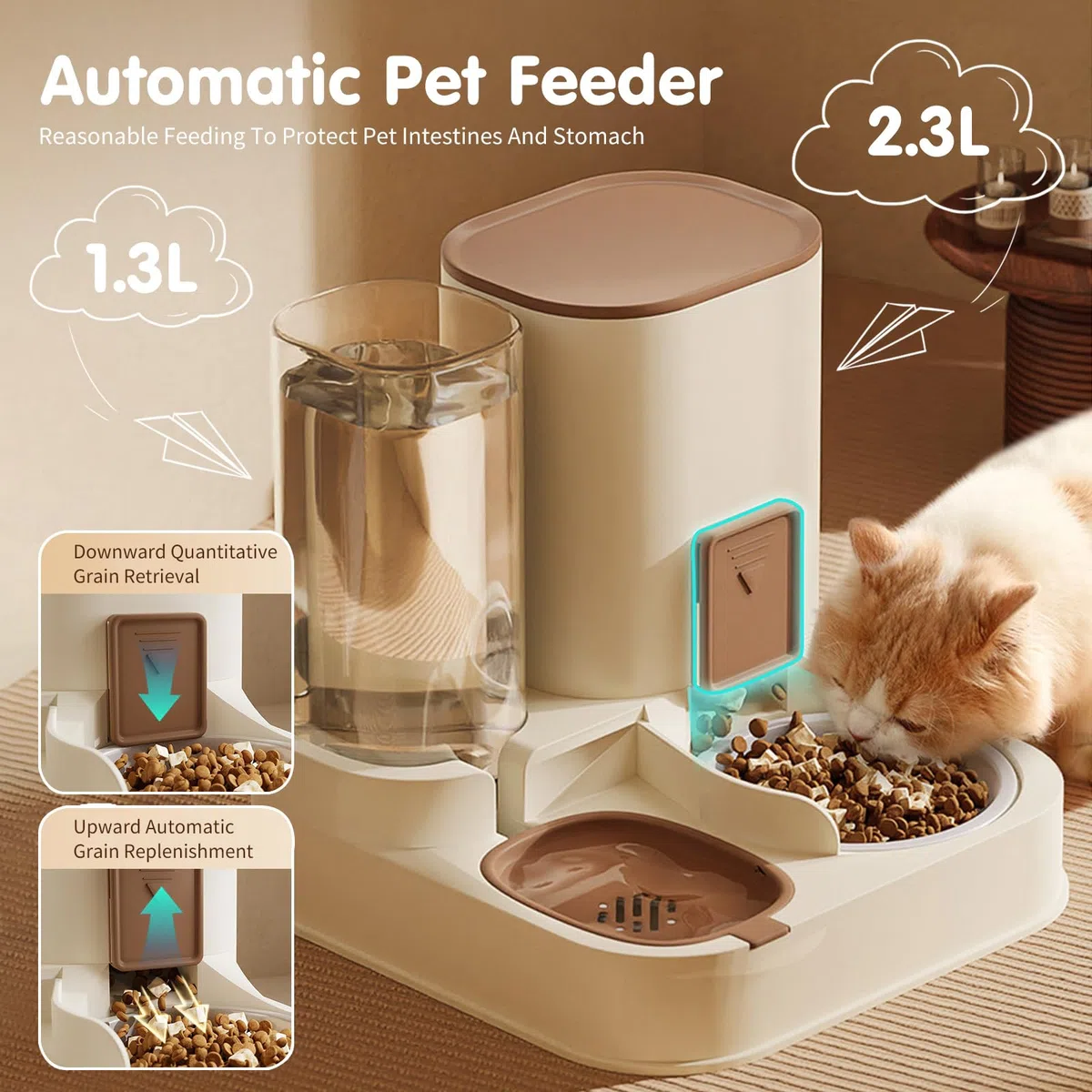 PETCUTE Dispensador Comida y Agua para Gatos y Perros, 2 en 1 Comedero Automatico y Bebedero Perro,Fácil de Limpiar,Alimentador Automatico Comida y Agua para Mascotas,Comida Seca y Húmeda