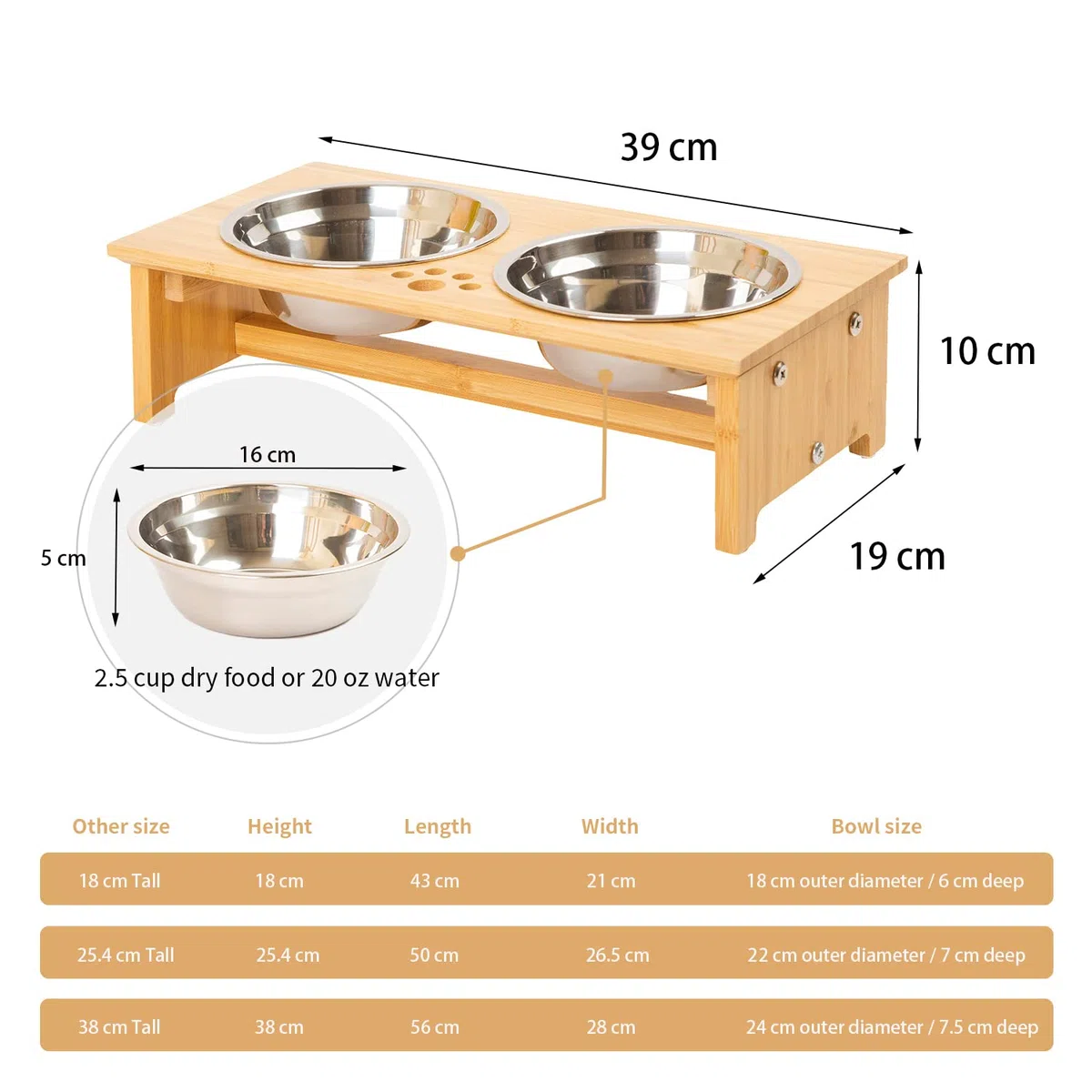 Cajones para Perros levantados para Gatos y Perros - Cajones de Comida y Agua para Gatos con elevaciones de bambú Soportes para alimentadores con 2 tazones de Acero Inoxidable (S)