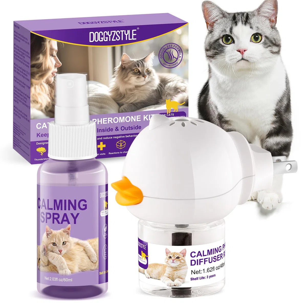 Cat Calming Pheromone Diffuser And Spray,Juego De Difusor De Feromonas Para Gatos,Spray Calmante Para Gatos,Alivia El Estrés Por Ansiedad,Reduce Las Peleas Y Los Arañazos (1 Recarga+1 Spray)