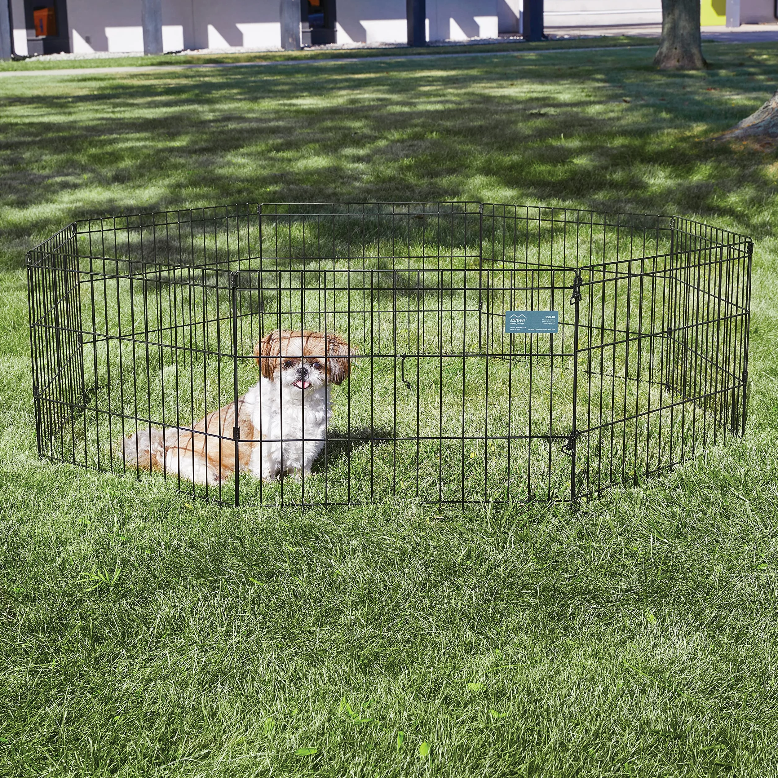 MidWest Homes for Pets - Parque de ejercicio y juego para perros y mascotas, metálico, plegable, sin puerta, estacas de anclaje, ofrece 1,5 m de espacio para jugar, 46 cm de altura, E-coat negro
