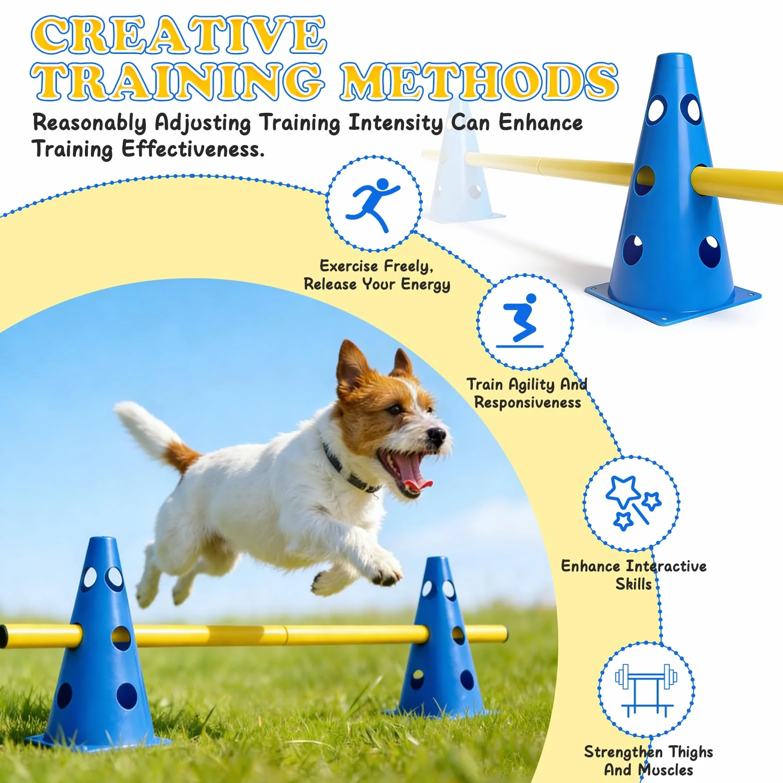 Juego de Agilidad práctico Juego de obstáculos para Perros Grandes Cavaletti, Juego de obstáculos, Ajustables, Conos para fútbol, Deportes de Perros, Deportes de equitación (8 Conos de 23