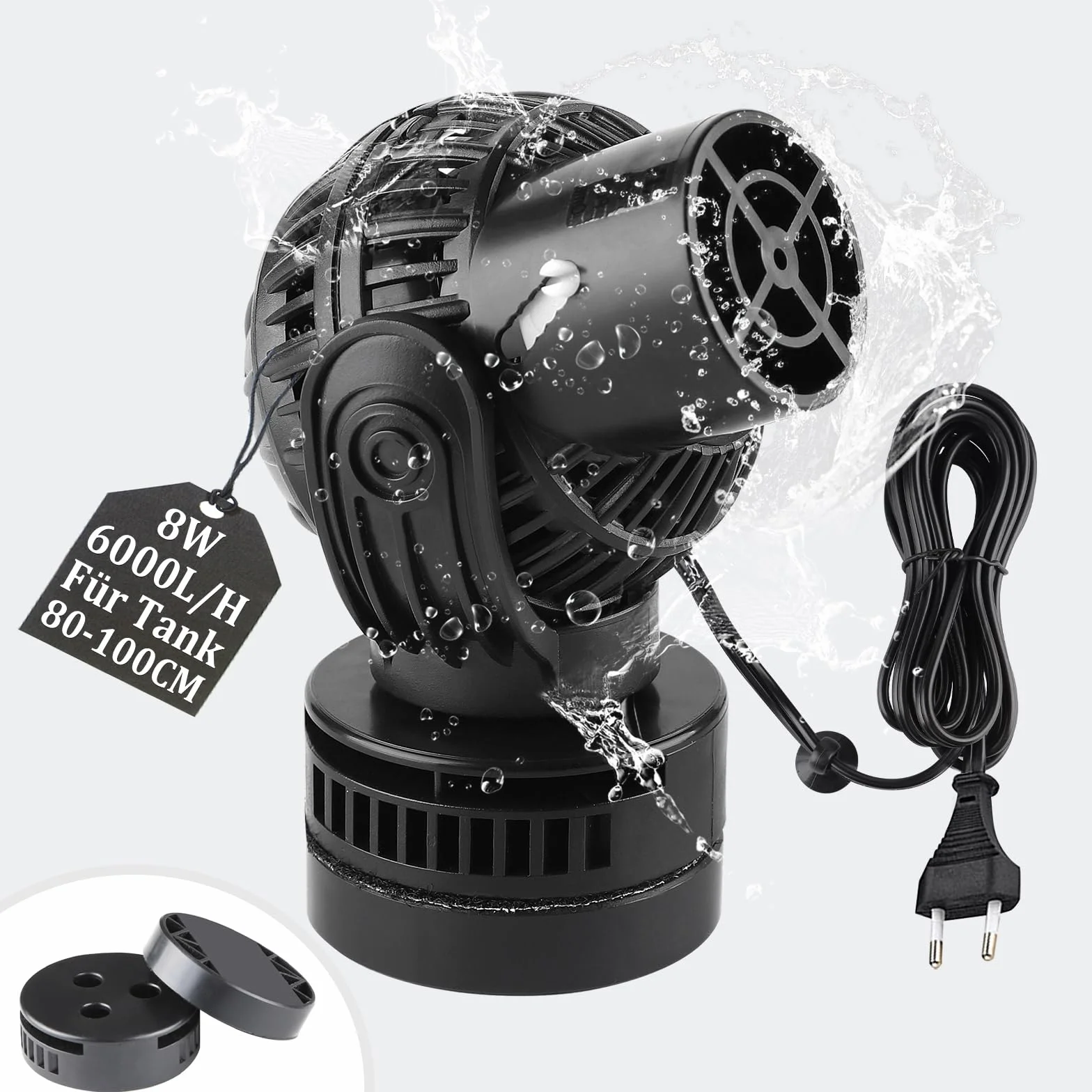 EXLECO Bomba de Olas 6000L/H 8W Wave Maker Rotación de 360 Grados para Acuarios de Agua Dulce y Salada de Máximo 60cm con Ventosa